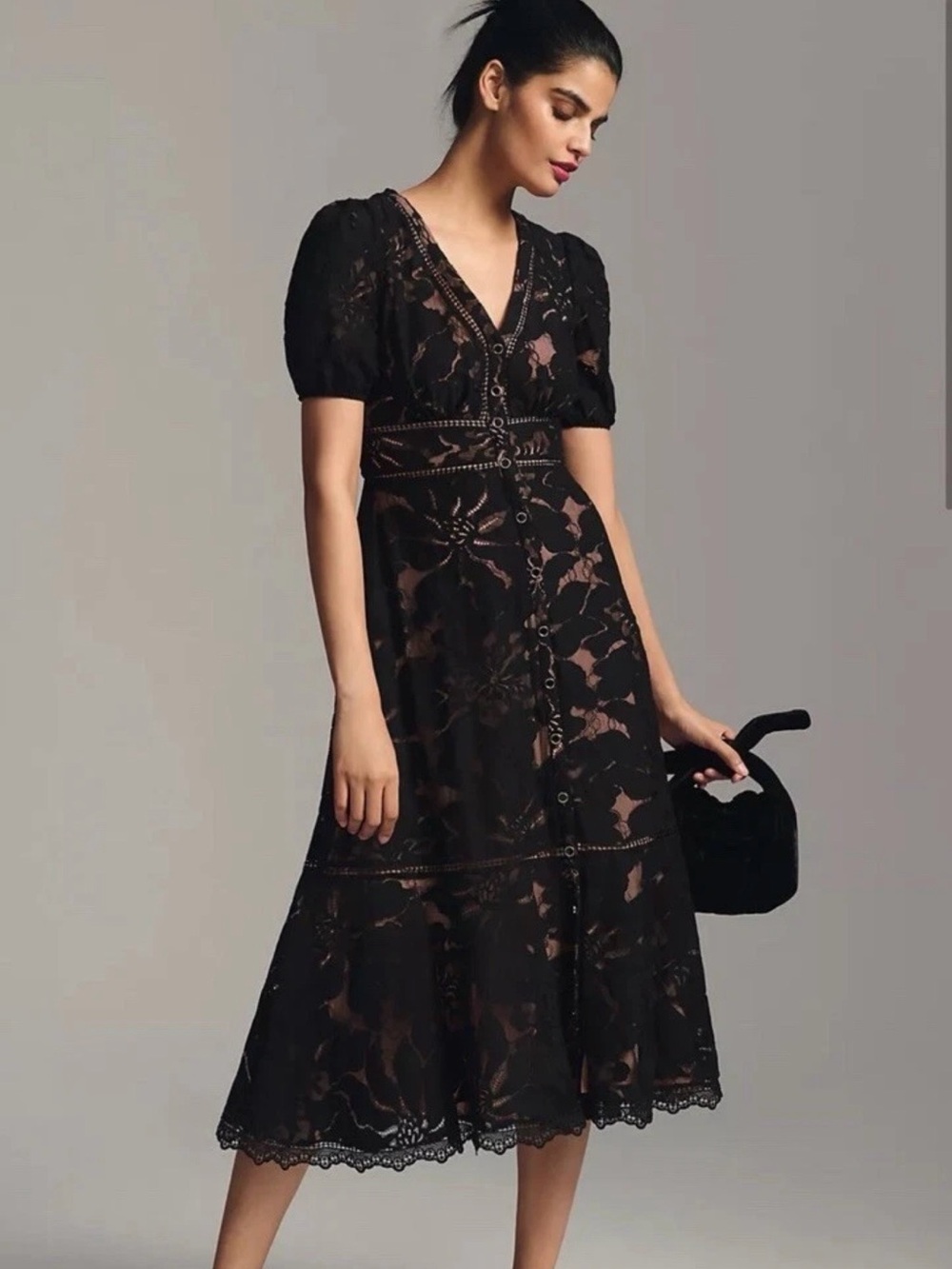 Anthropologie Black Lace Midi Dress with Puff Sleeves NWT